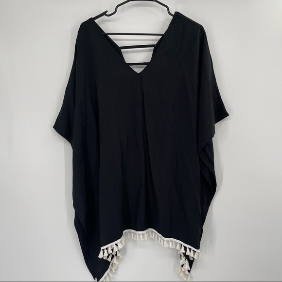 NWT Black with White Tassel Fringe V Neck Beach Swim Kaftan Cover Up - Picture 2 of 9